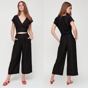 WILFRED Aritzia Brax Linen Blend Wrap Wide Leg Cut Out Jumpsuit Size 0 Black
